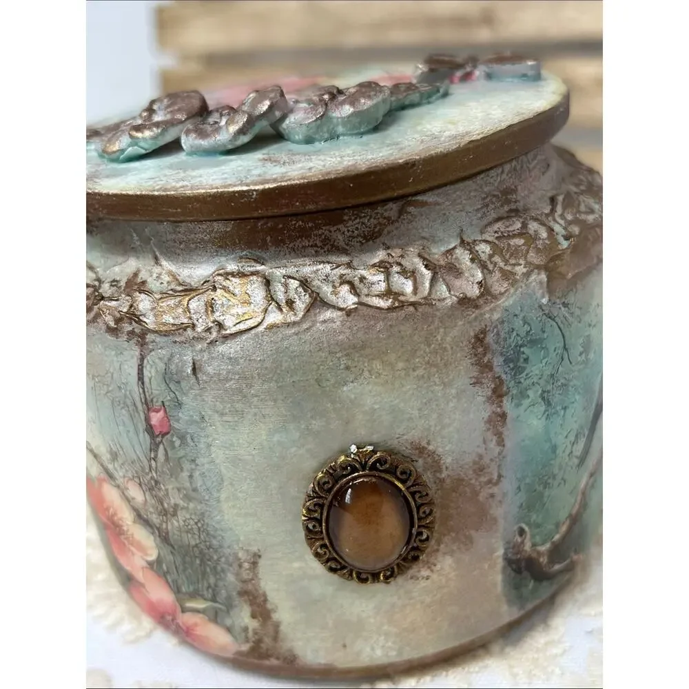 Vintage-Style Decorative Bird Floral Jewelry Jar - Mint & Pink